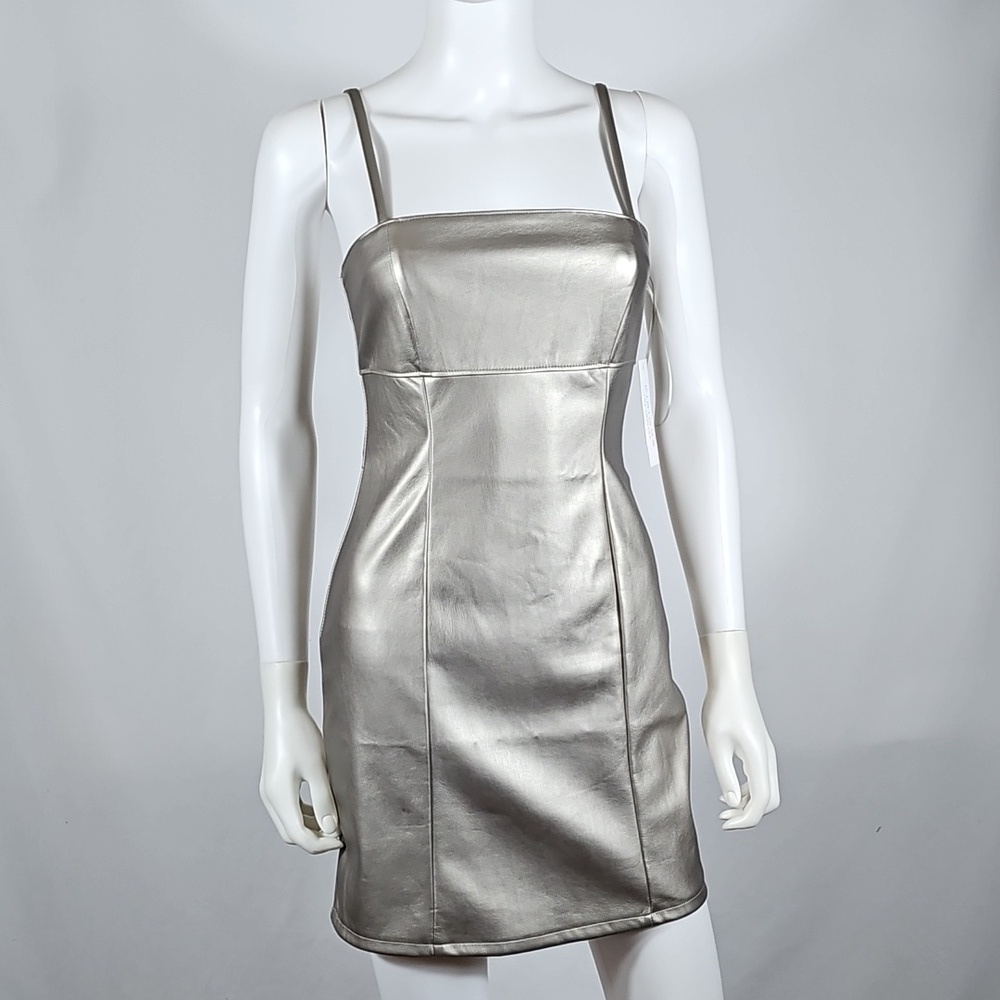 NWT Kirious Los Angeles Silver Metallic Vegan Leather Bodycon Mini Dress - Picture 10 of 16